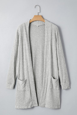 Gray Ribbed Knit Open Front Tunic Cardigan with Pockets