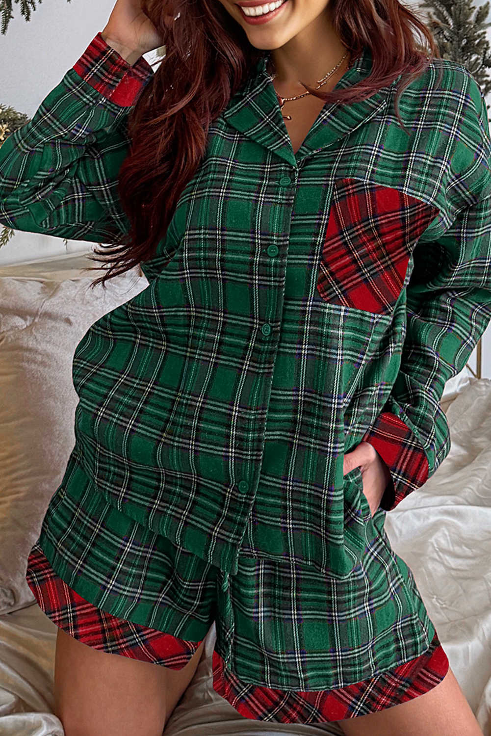 Green Plaid Christmas Holiday Patchwork Long Sleeve Shirt and Shorts Pajama Set