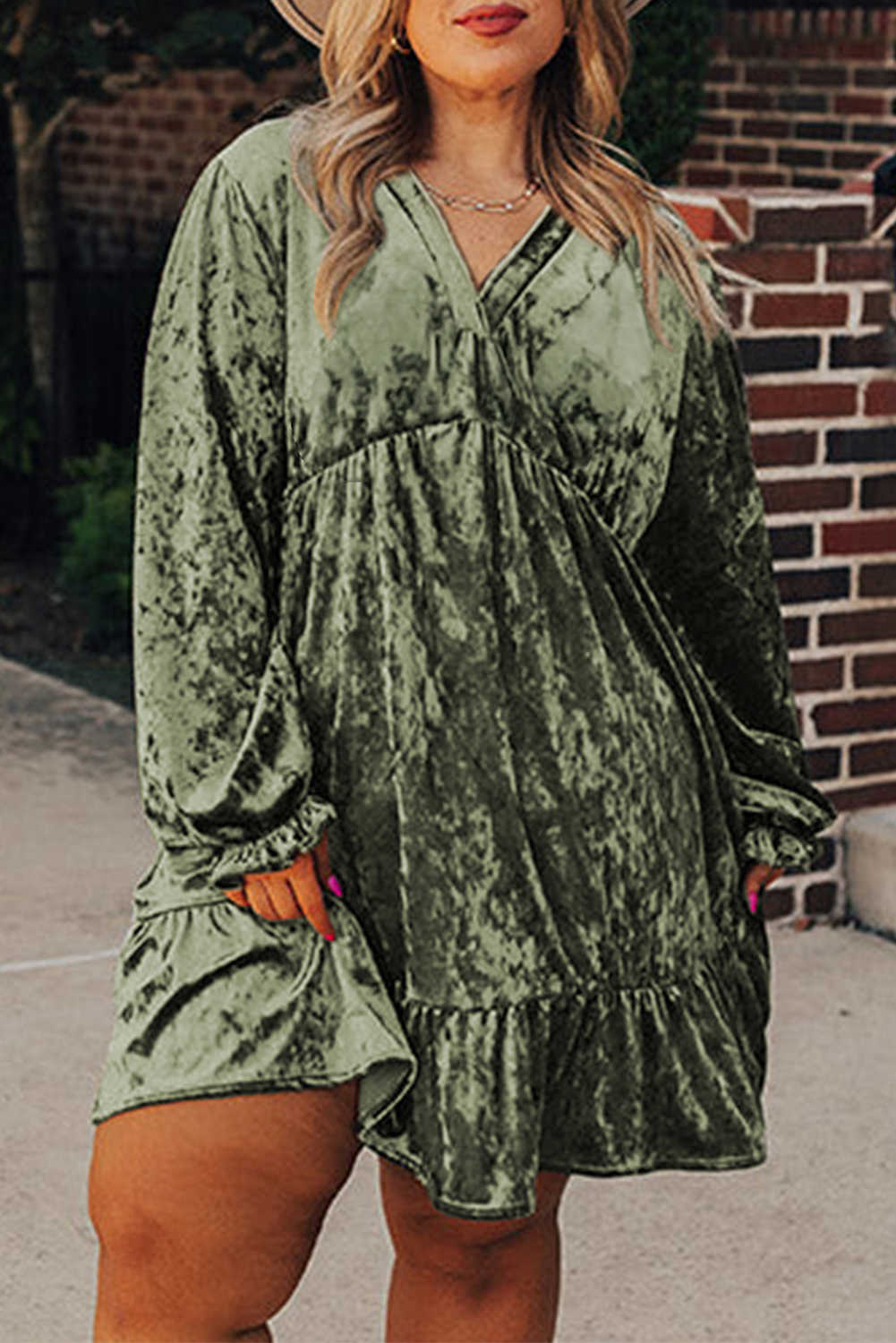 Jungle Green Plus Size Velvet Babydoll Mini Dress