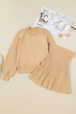 Smoke Gray Lantern Sleeve Sweater Pleated Knitted Mini Skirt Set