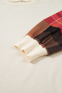 Beige Plus Size Plaid Patchwork Sleeve Pullover Top