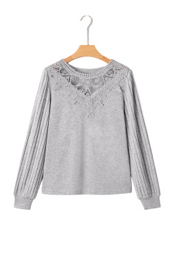 Gray Solid Lace Applique Round Neck Long Sleeve Top