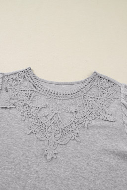 Gray Solid Lace Applique Round Neck Long Sleeve Top