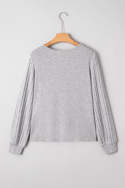 Gray Solid Lace Applique Round Neck Long Sleeve Top
