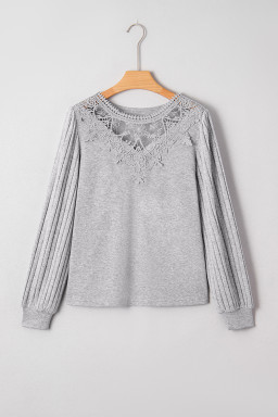 Gray Solid Lace Applique Round Neck Long Sleeve Top