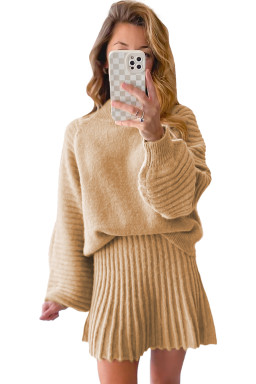 Smoke Gray Lantern Sleeve Sweater Pleated Knitted Mini Skirt Set