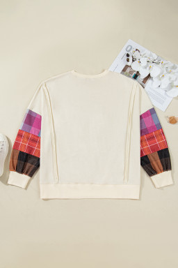 Beige Plus Size Plaid Patchwork Sleeve Pullover Top