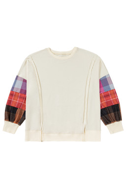 Beige Plus Size Plaid Patchwork Sleeve Pullover Top