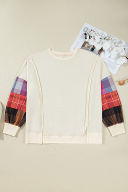 Beige Plus Size Plaid Patchwork Sleeve Pullover Top