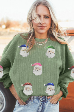 Grass Green Corded Ribbed Santa Claus Graphic Sequins Patch Sweatshirt