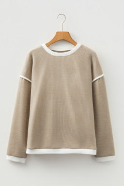 Beige Contrast Color Trim Knit Drop Shoulder Loose Top