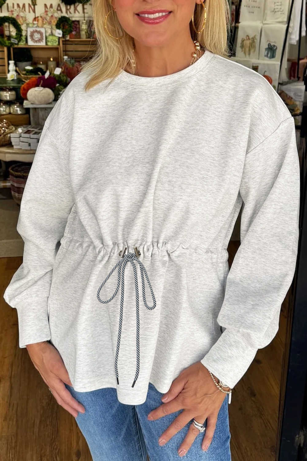 Light Grey Drawstring Waist Plain Pullover Sweatshirt