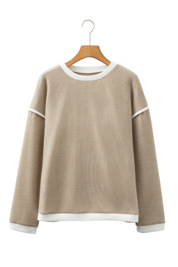 Beige Contrast Color Trim Knit Drop Shoulder Loose Top