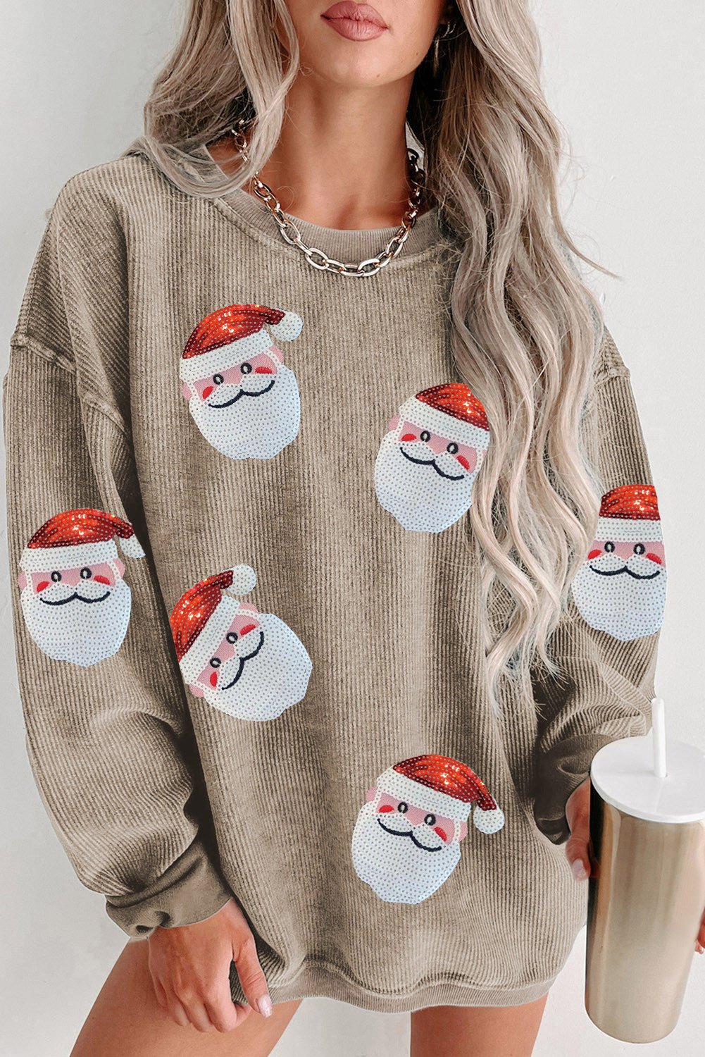 Khaki Christmas Sequined Santa Claus Corded Graphic Sweatshirt