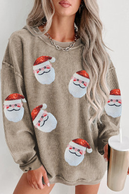 Khaki Christmas Sequined Santa Claus Corded Graphic Sweatshirt