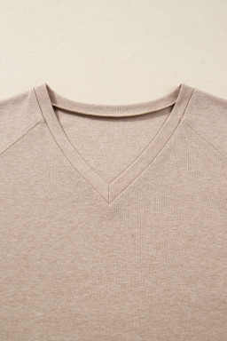 Oatmeal Lace Patchwork Sleeve V Neck Top