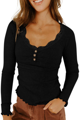 Black Lace Neckline Button Decor Lettuce Edge Long Sleeve Ribbed Top