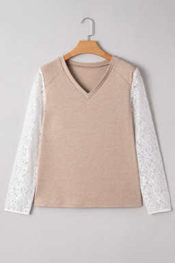 Oatmeal Lace Patchwork Sleeve V Neck Top
