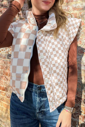 Khaki Plaid Stand Neck Button Down Vest