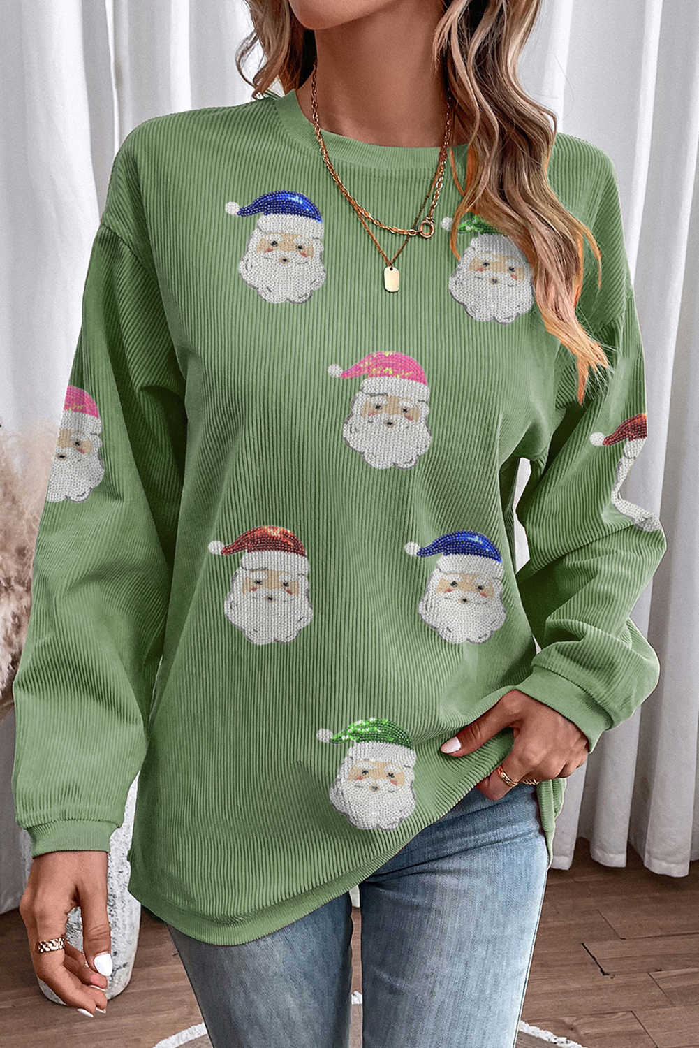 Grass Green Corded Ribbed Santa Claus Graphic Sequins Patch Sweatshirt