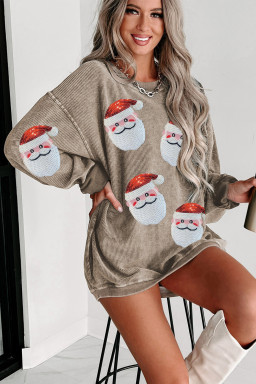 Khaki Christmas Sequined Santa Claus Corded Graphic Sweatshirt