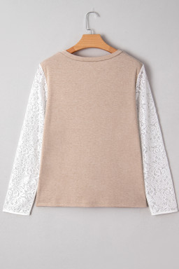 Oatmeal Lace Patchwork Sleeve V Neck Top