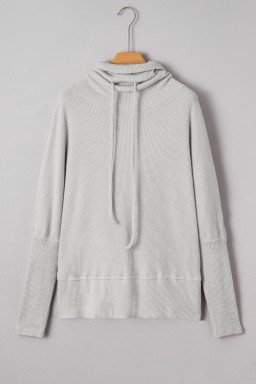 Light Grey Textured Knit Drawstring Cowl Neck Oversized Top