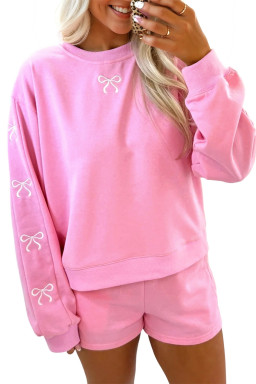Sachet Pink Bow Embroidery Long Sleeve Pullover and High Waist Shorts Set