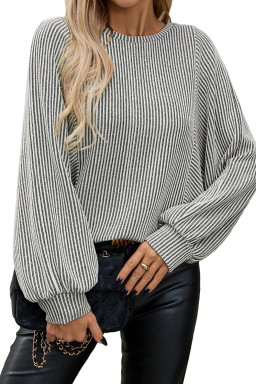 Gray Ribbed Knit Round Neck Long Lantern Sleeve Top