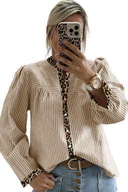Brown Stripe Leopard Print Patchwork Puff Sleeve Shirt