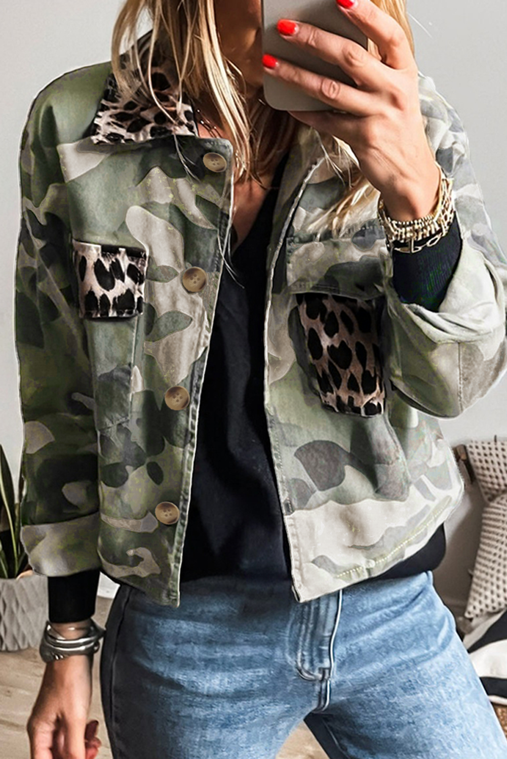 Leopard Sherpa Patchwork Flap Pocket Buttoned Jacket main image 0