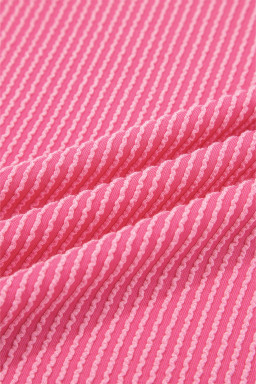 Rose Red Corded Texture Plaid Patchwork Split Neck Long Sleeve Top