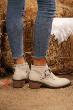 White Faux Leather Studded Pointed Toe Block Heel Ankle Boots