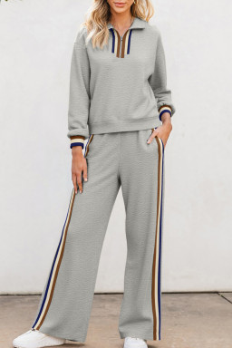 Gray Striped Patchwork Quarter Zip Pullover Loose Pants Set