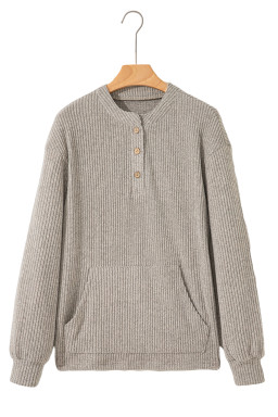 Simply Taupe Ribbed Texture Drop Shoulder Henley Knit Top