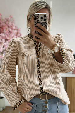 Brown Stripe Leopard Print Patchwork Puff Sleeve Shirt