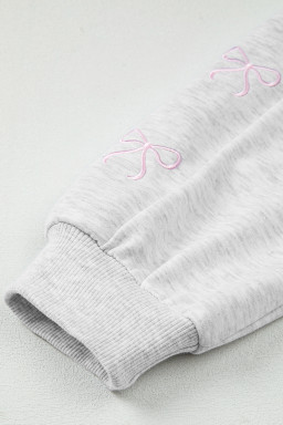 Light Grey Bow Embroidery Long Sleeve Pullover and High Waist Shorts Set