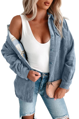 Stone Blue Plaid Corduroy Reversible Button Up Jacket