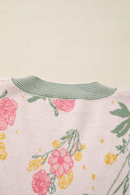 Pink Floral Striped Colorblock V Neck Loose Sweater