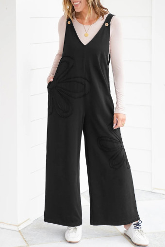 Black Solid Color Raw Seam Big Flower Patched Loose Overall Jumpsuit