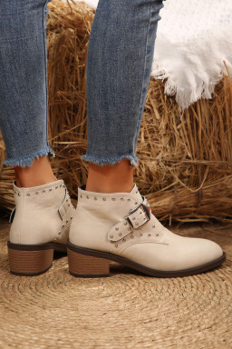 White Faux Leather Studded Pointed Toe Block Heel Ankle Boots