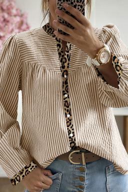 Brown Stripe Leopard Print Patchwork Puff Sleeve Shirt