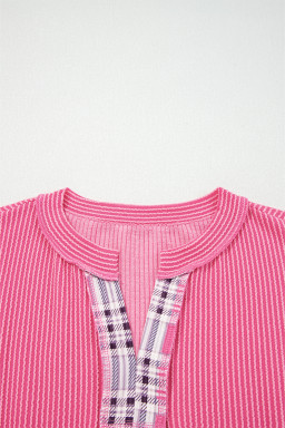 Rose Red Corded Texture Plaid Patchwork Split Neck Long Sleeve Top