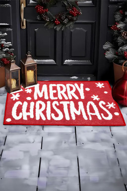 Fiery Red MERRY CHRISTMAS Plush Entrance Mat