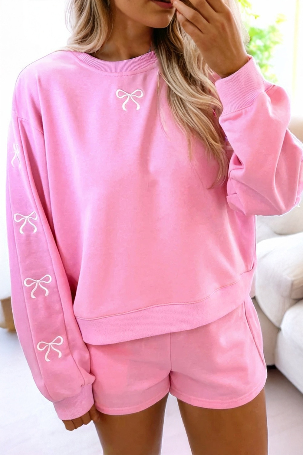 Sachet Pink Bow Embroidery Long Sleeve Pullover and High Waist Shorts Set