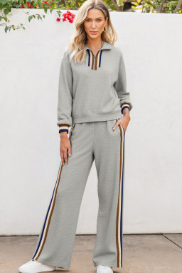Gray Striped Patchwork Quarter Zip Pullover Loose Pants Set