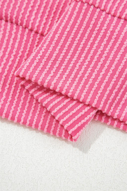 Rose Red Corded Texture Plaid Patchwork Split Neck Long Sleeve Top