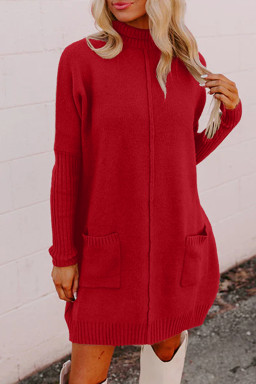 Fiery Red Ribbed High Neck Front Pockets Center Seam Sweater Dress