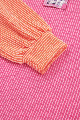 Rose Red Corded Texture Plaid Patchwork Split Neck Long Sleeve Top