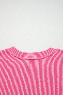 Rose Red Corded Texture Plaid Patchwork Split Neck Long Sleeve Top